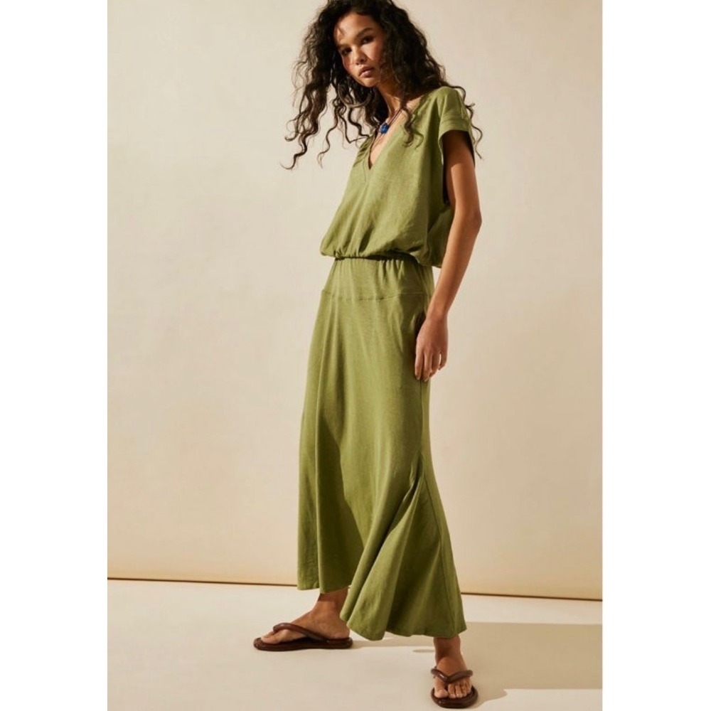Free People Beach Marlow Midi V-Neck Maxi Dress Giant Kelp Green OB1440876 XS
